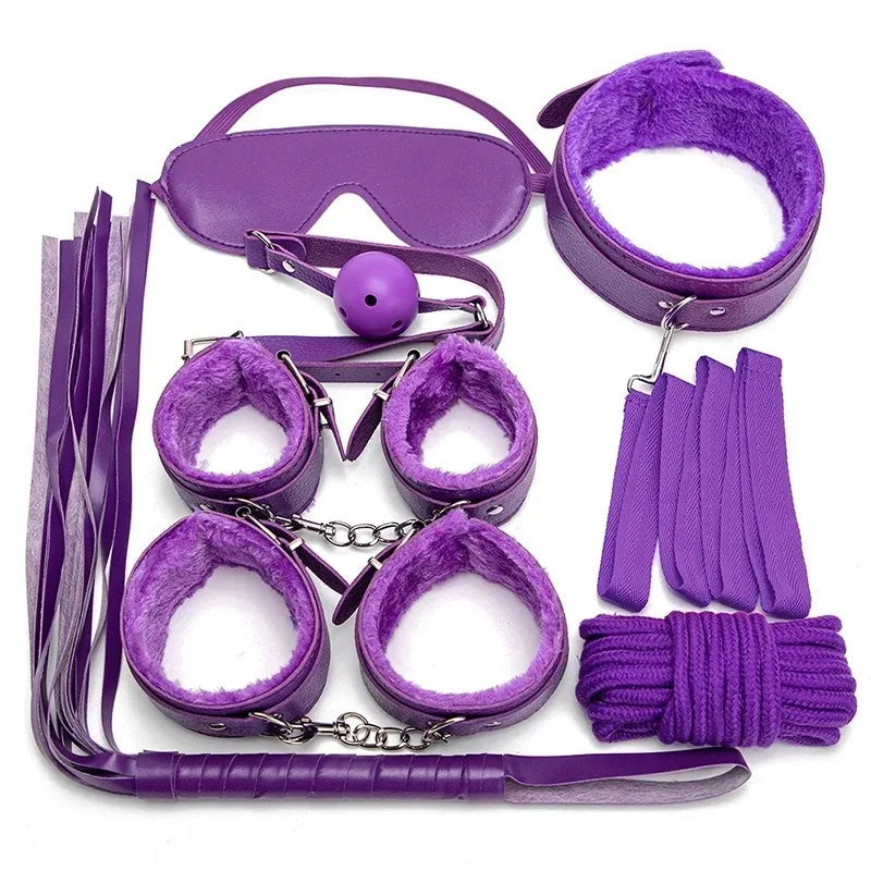7-Piece BDSM Kit – Handcuffs, Whip, Blindfold & Gag Set for Erotic Play