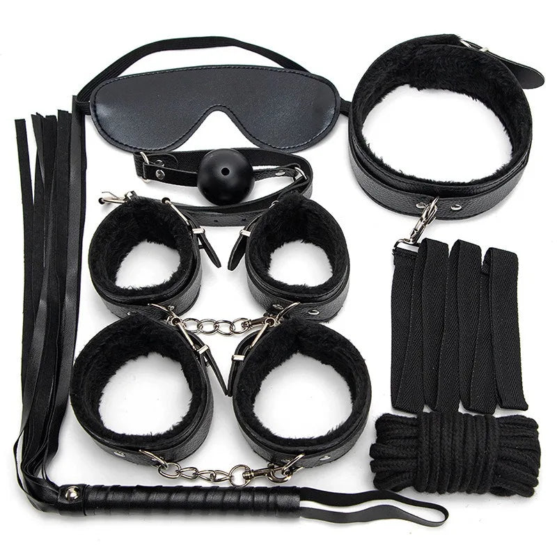 7-Piece BDSM Kit – Handcuffs, Whip, Blindfold & Gag Set for Erotic Play