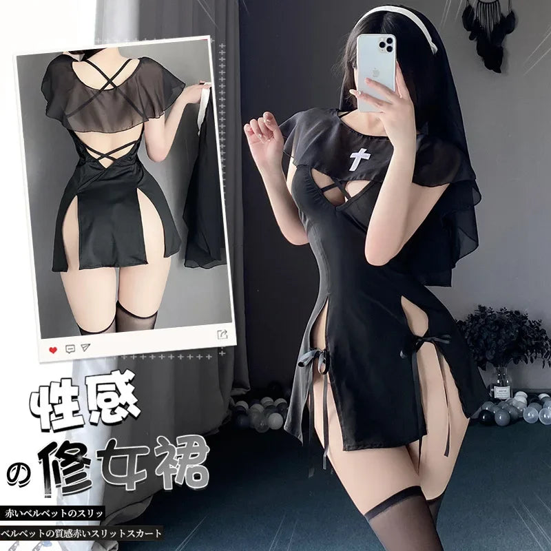 Japanese Nun Role Play Maid Cosplay Costume – Sexy Lingerie Dress with Headgear