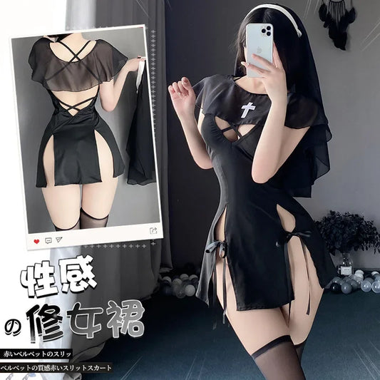Japanese Nun Role Play Maid Cosplay Costume – Sexy Lingerie Dress with Headgear