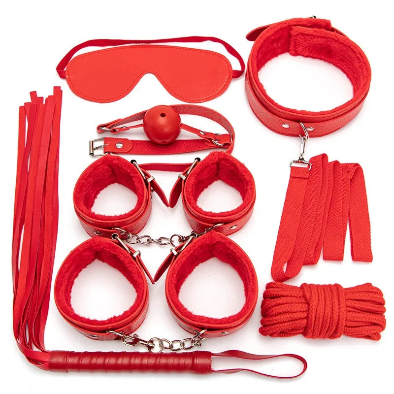 7-Piece BDSM Kit – Handcuffs, Whip, Blindfold & Gag Set for Erotic Play