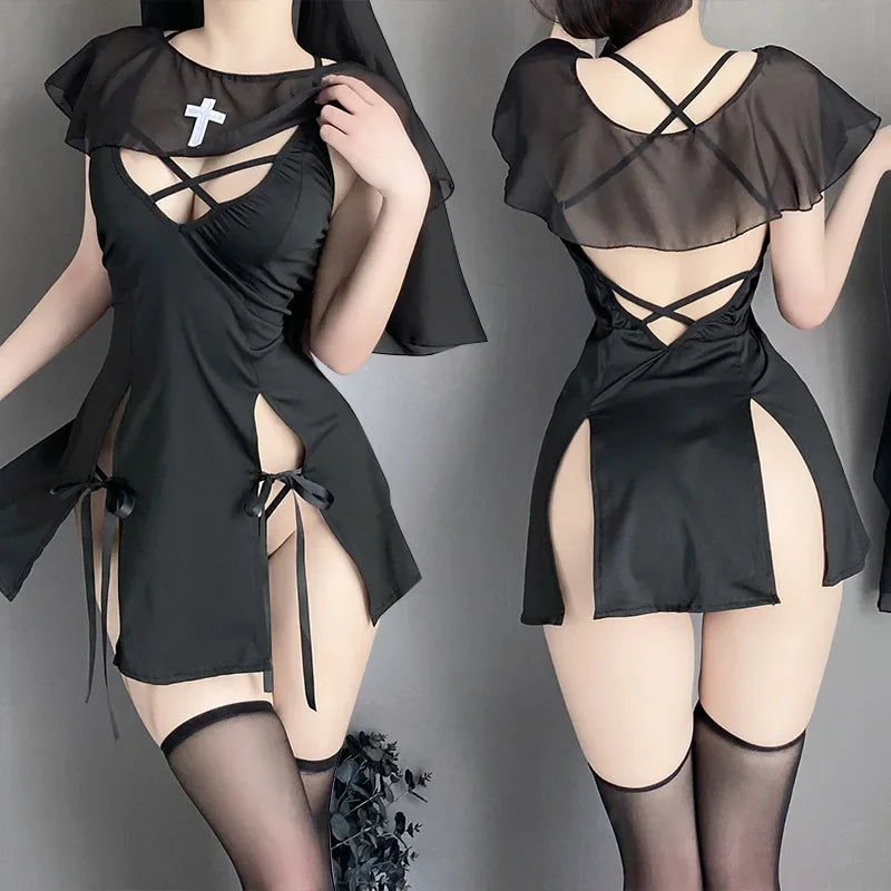 Japanese Nun Role Play Maid Cosplay Costume – Sexy Lingerie Dress with Headgear