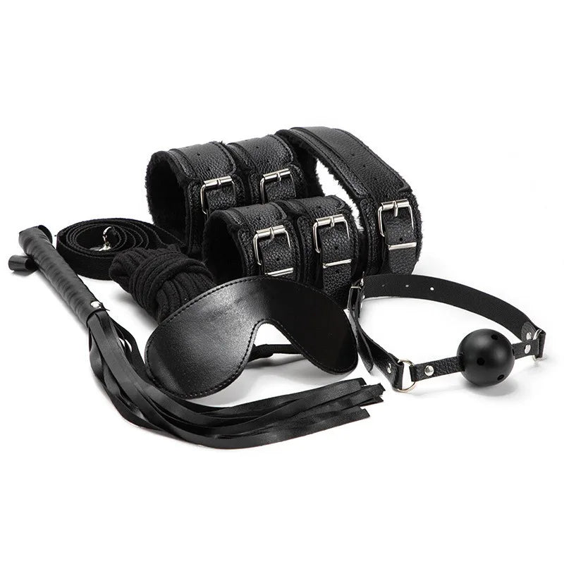 7-Piece BDSM Kit – Handcuffs, Whip, Blindfold & Gag Set for Erotic Play