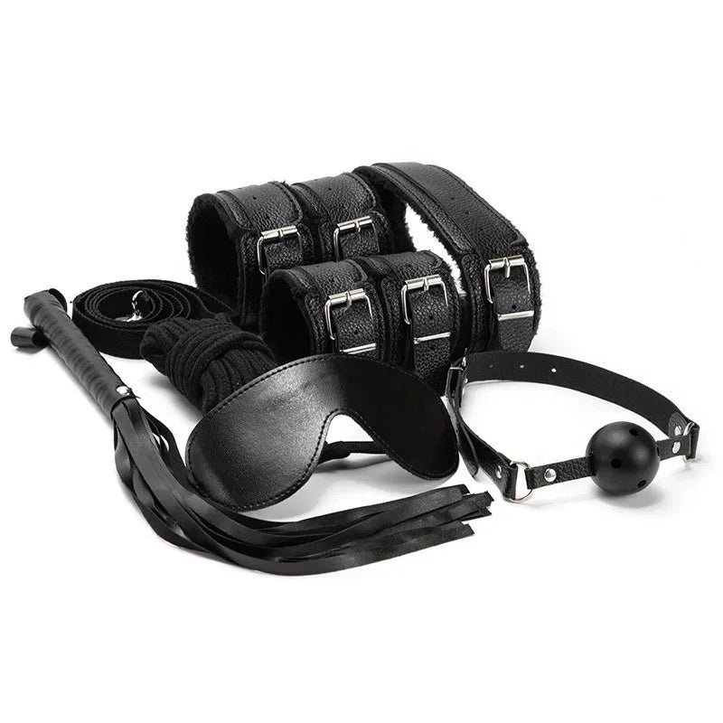 7-Piece BDSM Kit – Handcuffs, Whip, Blindfold & Gag Set for Erotic Play