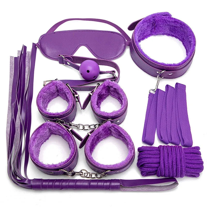 7-Piece BDSM Kit – Handcuffs, Whip, Blindfold & Gag Set for Erotic Play