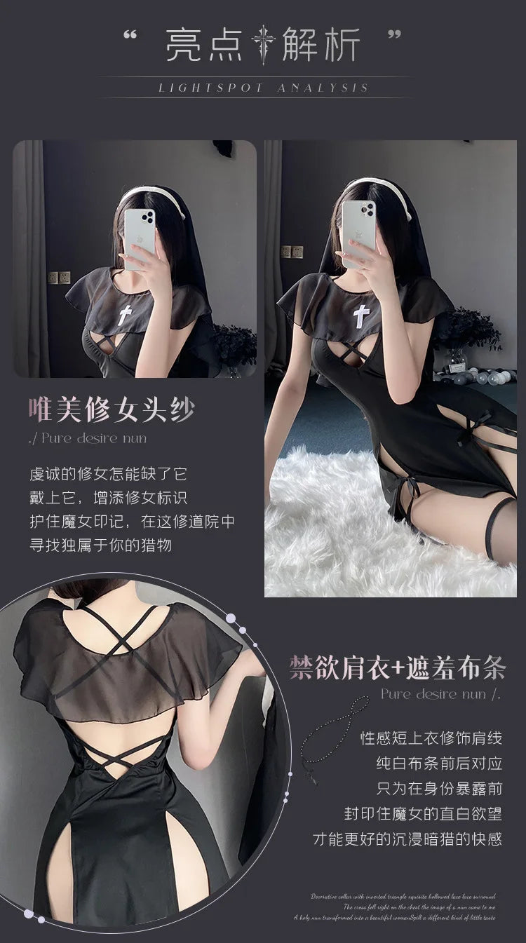 Japanese Nun Role Play Maid Cosplay Costume – Sexy Lingerie Dress with Headgear