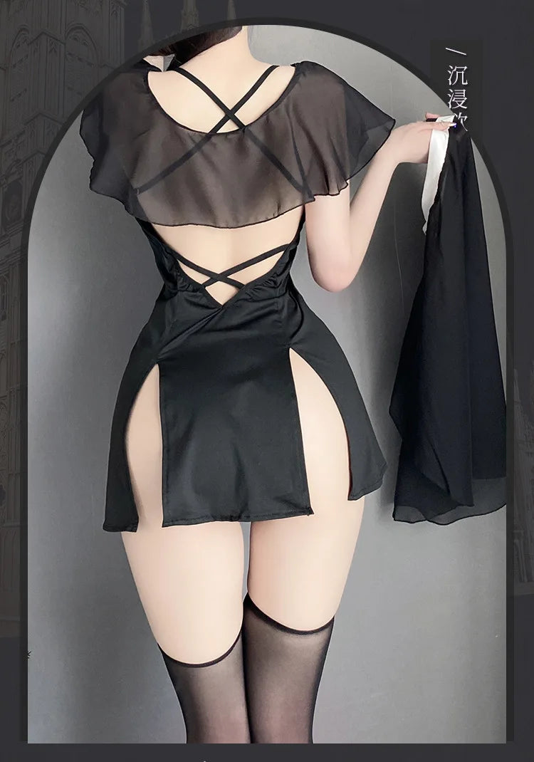 Japanese Nun Role Play Maid Cosplay Costume – Sexy Lingerie Dress with Headgear