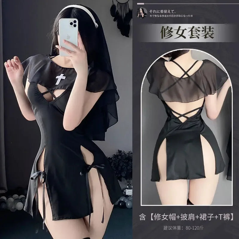 Japanese Nun Role Play Maid Cosplay Costume – Sexy Lingerie Dress with Headgear