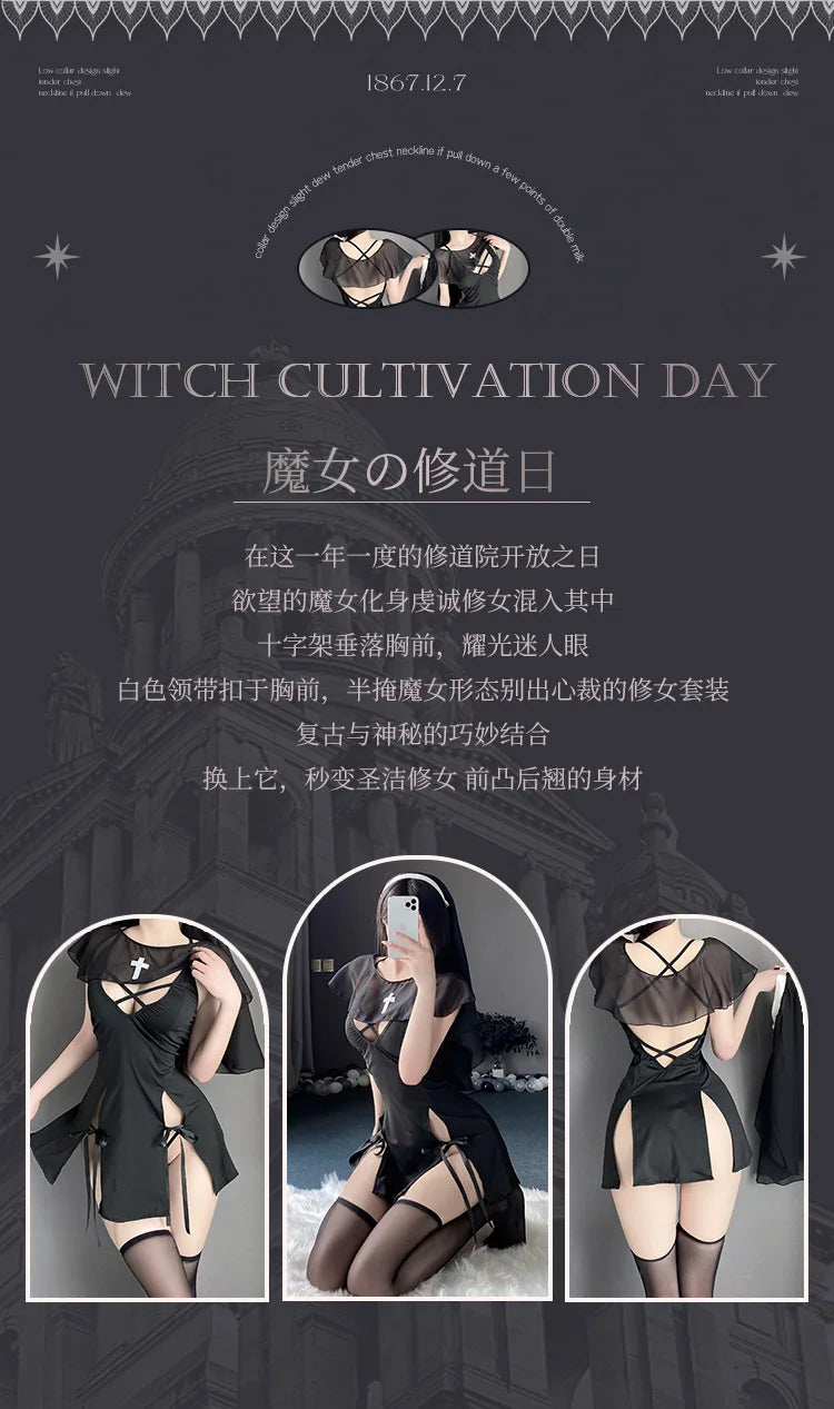 Japanese Nun Role Play Maid Cosplay Costume – Sexy Lingerie Dress with Headgear