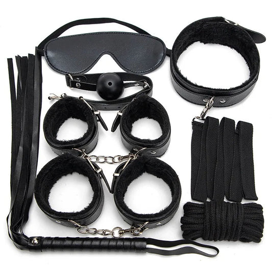 7-Piece BDSM Kit – Handcuffs, Whip, Blindfold & Gag Set for Erotic Play