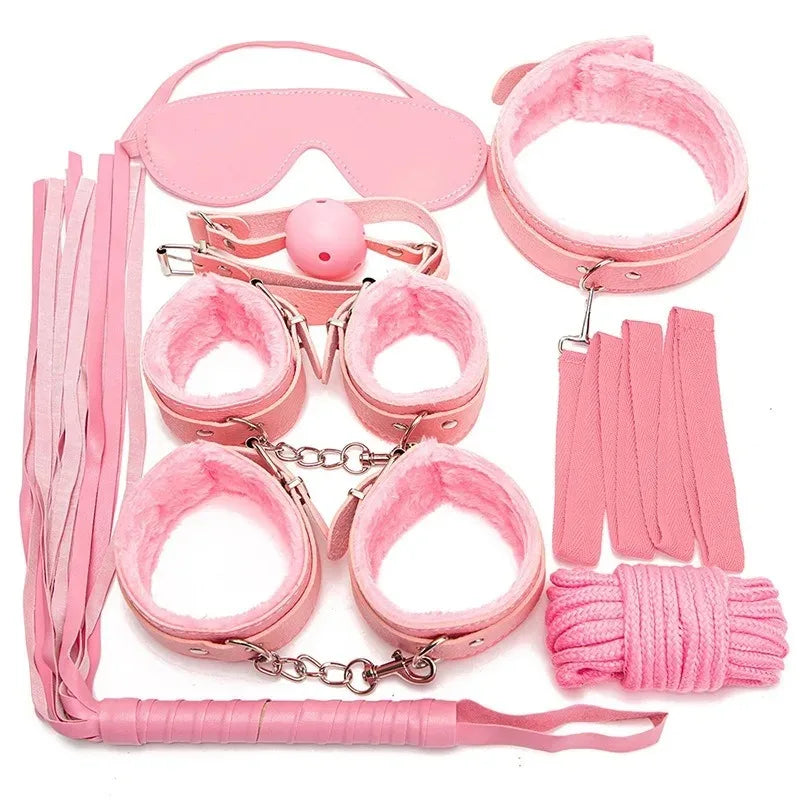 7-Piece BDSM Kit – Handcuffs, Whip, Blindfold & Gag Set for Erotic Play