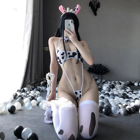 Kawaii Cow Print Micro Bikini Bodysuit – Backless One-Piece Cosplay Lingerie