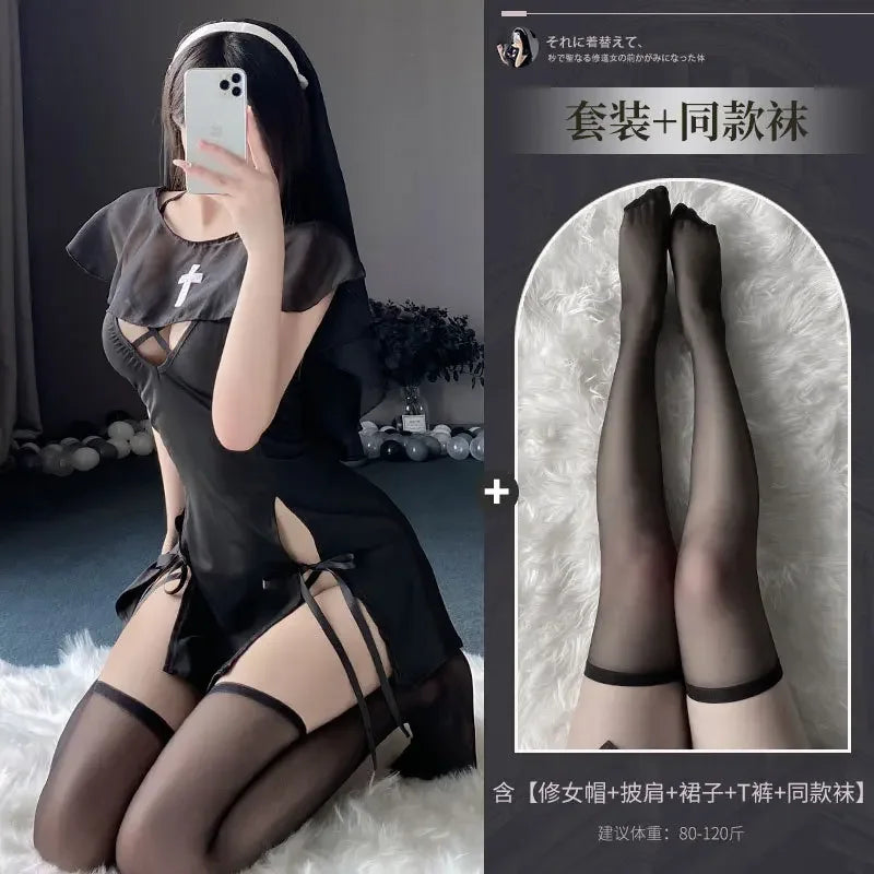 Japanese Nun Role Play Maid Cosplay Costume – Sexy Lingerie Dress with Headgear