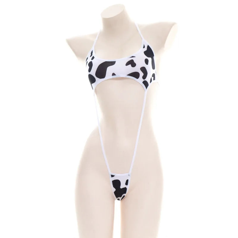 Kawaii Cow Print Micro Bikini Bodysuit – Backless One-Piece Cosplay Lingerie